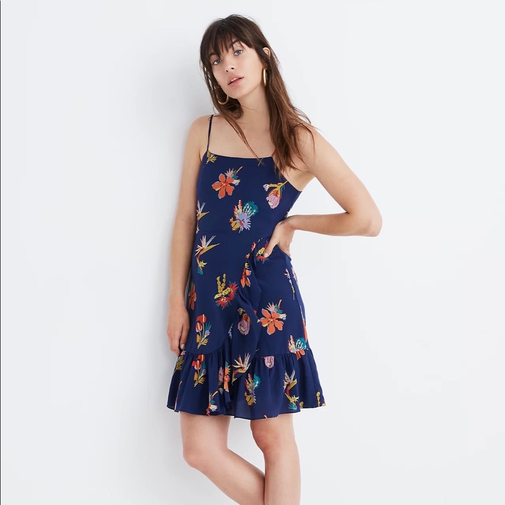 NWT Silk Madewell Ruffle Navy Floral Dress Size 0